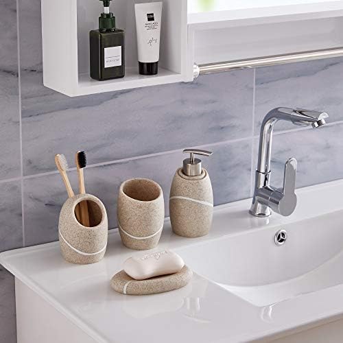 ZCCZ Bathroom Accessories Set 4 Pcs, Décor Bathroom Vanity Countertop Accessory Set with Soap Dispenser, Toothbrush Holder, Bathroom Tumbler and Soap Dish, Caramel Sandstone - Image 5