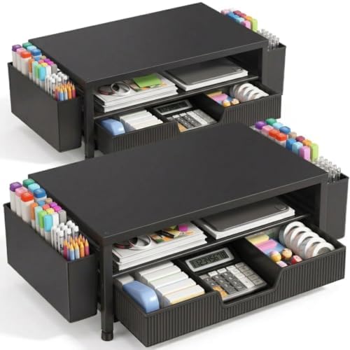 ECOLOVI Desk Organizer and Accessories, 2-Tier Computer Monitor Stand Rise with Storage Drawer & 2 Pen Holders, Laptop & Printer Stand for Desktop, Workspace Organizers for Office Supplies (Black 2-Pack)) by ECOLOVI