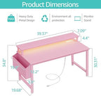 Lufeiya Girls Desk with Power Outlets and LED Lights, 40 Inch Gaming Desk Table with Charging Station, Home Office Computer Desks with Monitor, Pink - Image 3