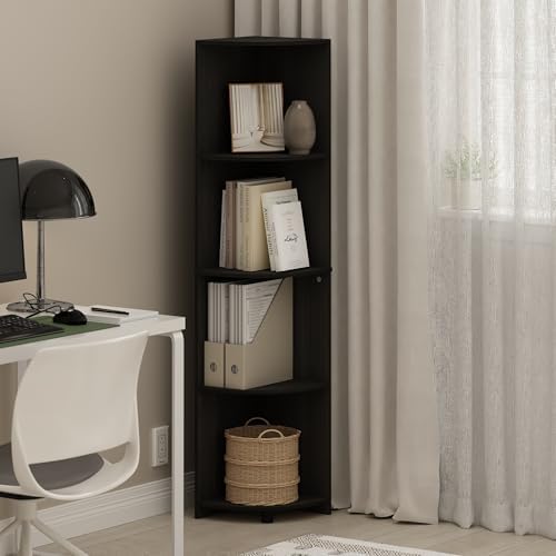 Furinno ECON Corner Shelf, 4-Tier Corner Book Shelf, Storage Shelves, Display Rack, Bookshelf, for Organization and Storage, Living Room, Home Office, Espresso - Image 2