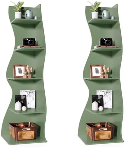 LITTLE TREE Small Corner Shelf, Modern 5-Tier Wall Corner Bookshelf, Stylish Bookcase Storage Rack for Small Space, Living Room, Bedroom, Green, 2 Pack by LITTLETREE