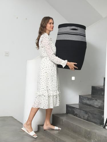 26"x20" Extra Large Tall Woven Laundry Basket with Lid, Cotton Rope Blanket Storage Basket, Freestanding Decorative Bin for Bedroom Living Room, Grey & Black Mix - Image 4
