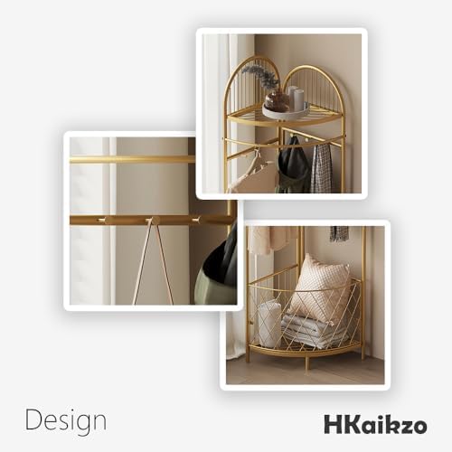 HKaikzo Corner Coat Rack, Gold Clothes Rack with 6 Metal Movable Hooks and Storage Basket Hall Tree Design Clothing Rack for Bedroom Entryway Hallway - Image 6
