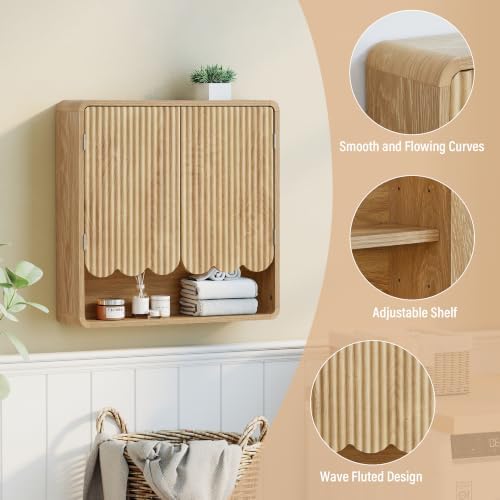 AVZEAR Fluted Bathroom Wall Cabinet Over the Toilet Storage Cabinet, Scalloped Medicine Cabinet with Adjustable Shelf, Wall Mounted Bathroom Cabinets, Natural - Image 6