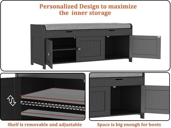 HOMEFORT 41.3" Shoe Bench with Lift Top Storage, Entryway Bench with Cushioned Seat, Wooden End of Bed Bench, Shoe Cabinet Bench with Hidden Storage Space, for Bedroom, Hallway,Black - Image 5