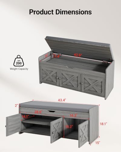 Amada 39.4" Shoe Storage Bench, Entryway Bench with Cushioned Seat, Gray - Image 2