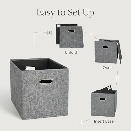12x12 Gray Fabric Storage Cubes, 4 Pack – Foldable Linen-Look Cube Organizer Bins with Handles, Collapsible Cubby Baskets for Closet, Shelves, Nursery, Dorm Room & Kallax-Style Storage - Image 5