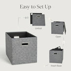 12x12 Gray Fabric Storage Cubes, 4 Pack – Foldable Linen-Look Cube Organizer Bins with Handles, Collapsible Cubby Baskets for Closet, Shelves, Nursery, Dorm Room & Kallax-Style Storage - Image 5