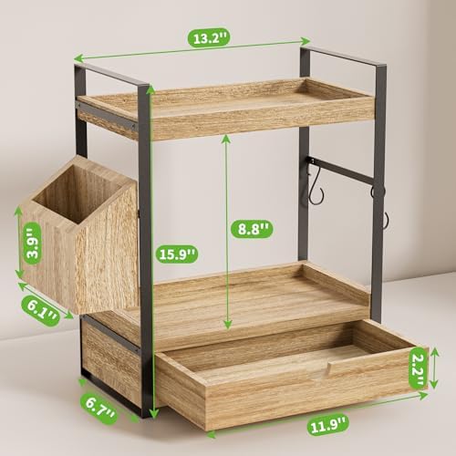 2-Tier Bathroom Counter Organizer, Wooden Vanity Shelf with Drawer & Basket - Image 2
