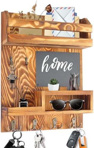 Large Key and Mail Holder Wall Mount, 12.5x16.5 Inch Solid Wood Key Racks for Entryway, Front Door, Hallway, Wall Organizer (Burnt Brown) by Eryvik