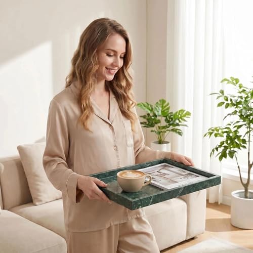 Natural Marble Tray Heavyweight Stone Vanity Tray for Bathroom Countertop, Coffee Table & Dresser - Handcrafted Rectangular Organizer (Green X, 12" x 8" x 1.2") - Image 2