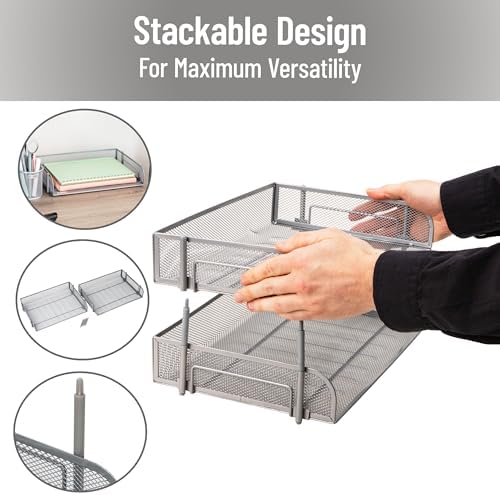 Mind Reader 2-Tier Stackable Paper Tray, Desktop Organizer for Letter-Size Documents, Office File Storage, Metal Mesh, Set of 2, Silver - Image 4