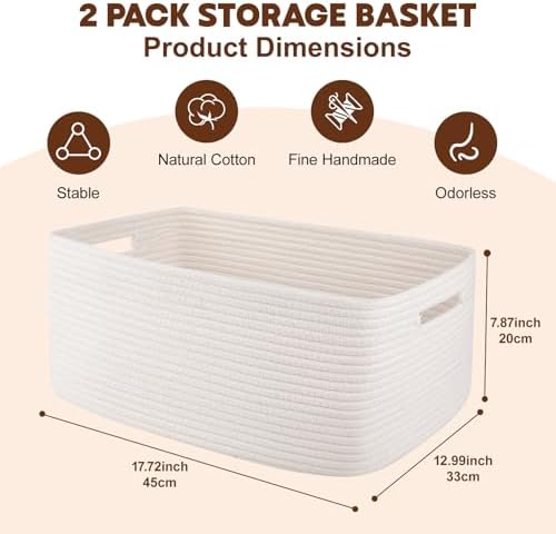 OIAHOMY Storage Basket for Shelves, Closet Cube Storage Bins Baskets for Clothes Blanket Towels, Baby Nursery, Toy Baskets Box, Woven Rope Basket, 17.72 * 12.99 * 7.87 IN, 2 Packs White - Image 2