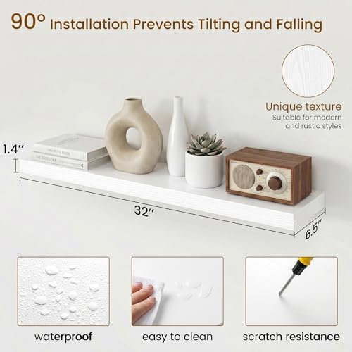 Dreamland 32inch Floating Shelves for Wall, Rustic White Floating Shelves for Bathroom|Bedroom|Kitchen, Deep Wall Mounted Book Shelf, Wood Storage Display Shelf for Home Decor, Set of 2 - Image 3