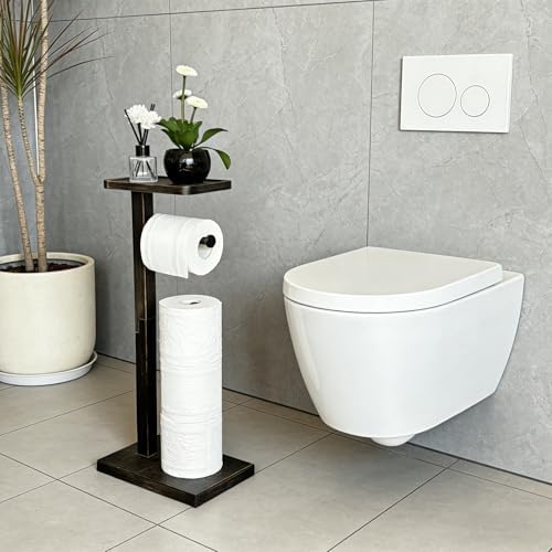 Bamboo Freestanding Bathroom Toilet Paper Holder Stand with Phone Shelf and Storage, Holds 3 Extra Mega Rolls(Balck) by TEGUEPS