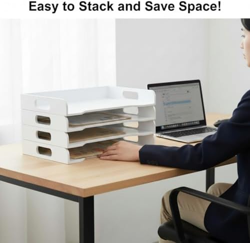 Yinkin Wooden Stackable Paper Trays 4-Tier Wooden Paper Organizer for Desk Letter Documents Woodens Desktop File Organizers for Desktop File Holder and Office Supplies Rack for Home Office Use(White) - Image 6