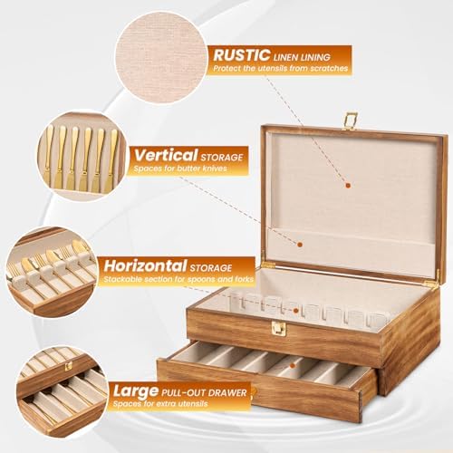Silverware Storage Box, 2-Layer Flatware Storage Case with Drawer, Wooden Silverware Chest with Linen Liner, Rustic Silverware Case for Storing Fine Flatware and Utensils (Brown) - Image 3