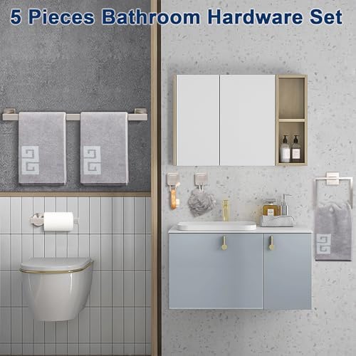 NearMoon 5 Pieces Bathroom Hardware Set 304 Stainless Steel, Square Towel Rack Kit - 24" Towel Rod + Towel Ring + Toilet Paper Holder + 2 Robe Hooks, Wall Mounted Bath Accessories (Brushed Nickel) - Image 3