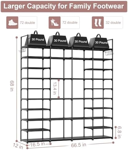Kottwca 4 Row 10 Tier Large Shoe Rack Organizer for Closet Entryway, 72-80 Pair Shoe Boot Storage Rack, Metal Shoe Shelf Big Vertical Stackable Shoe Stand for Bedroom Corner - Image 3