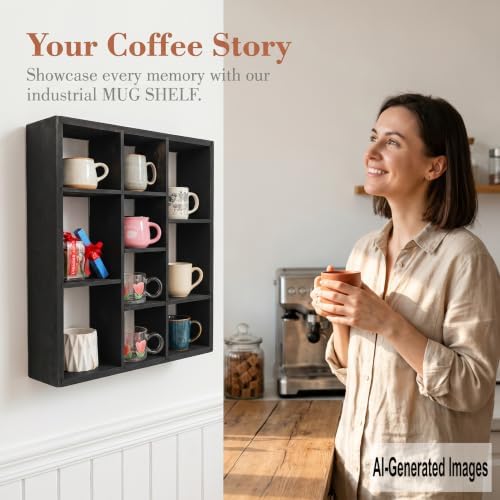 10 Grid coffee mug display shelf,19 X 24" Wooden cup shelf for wall,black - Image 5