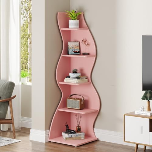 Tribesigns Corner Shelf, Modern 5-Tier Wall Corner Bookshelf, Stylish Corner Small Bookcase Storage Rack Plant Stand with Unique Shape for Living Room, Home Office (Pink, 1PC) - Image 4