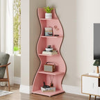 Tribesigns Corner Shelf, Modern 5-Tier Wall Corner Bookshelf, Stylish Corner Small Bookcase Storage Rack Plant Stand with Unique Shape for Living Room, Home Office (Pink, 1PC) - Image 4