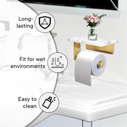 Toilet Paper Holder with Natural Marble Shelf for Bathroom Washroom,Wall Mounted Tissue Holder Suitable for Mega Roll (Brushed Gold, Small 6.7 * 4.3 in) - Image 5