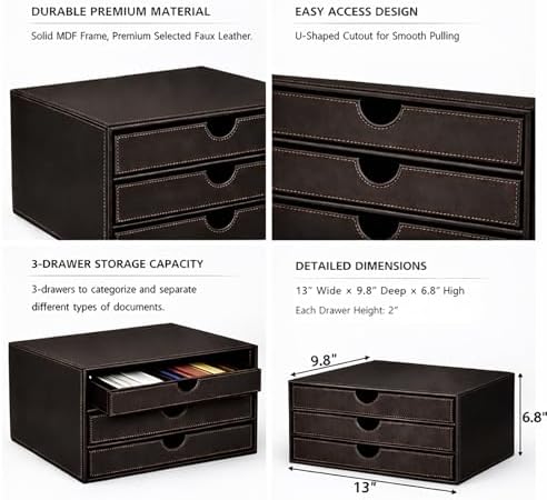 UnionBasic Leather Desktop Drawer Organizer, File Cabinet Magazine Document Holder, Office Supplies Desk Storage Organizer Box, 3 Drawer, Coffee - Image 3