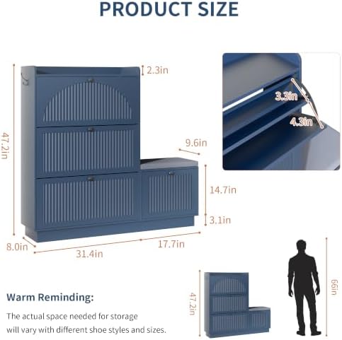 Shoe Cabinet with Bench, 4‑Flip Drawer Fluted Shoe Storage Cabinet with Removable Adjustable Shelves, Side Hooks & Anti‑Tip Device, Freestanding Entryway Shoe Organizer for Hallway, Blue - Image 2