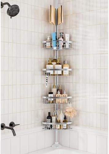 Rustproof Shower Corner Caddy Shelf for Bathroom Tension Pole Organizer with 4 Baskets for Bathtub Shampoo Storage from 23.6 to 114.5 Inch with Towel Bar (Silver) by cutefafa