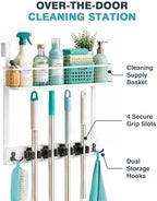 BS-VOG Over the Door Broom Holder with Basket, Wooden Mop & Broom Organizer - Image 2