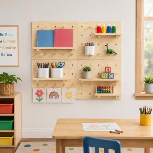 Gerrii 4 Pack Wood Pegboard Wall Organizer for Classroom 11.81 x 15.75 Inches Wooden Peg Board with Racks Hooks Modular Pegboard Organizer System for Teacher Supplies Student Work Display Office Craft - Image 5