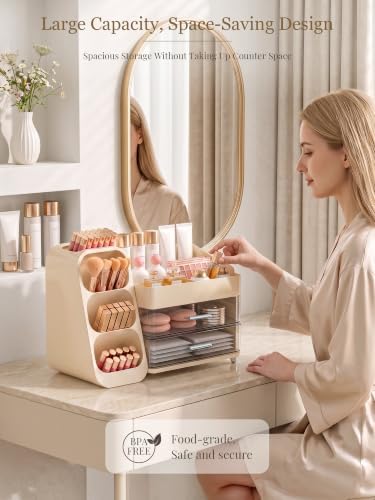 Booklov Large Makeup Organizer for Vanity Countertop, Cream - Image 5