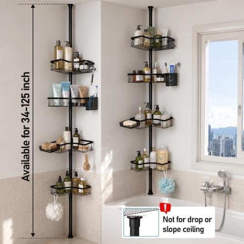 Shower Corner Caddy Organizer for Bathroom, 4-Tier Adjustable Shelves with Tension Pole, No Drilling Shower Rack with Holders for Toothbrush, Soap and Razor, 34 to 125 Inch Height - Image 6