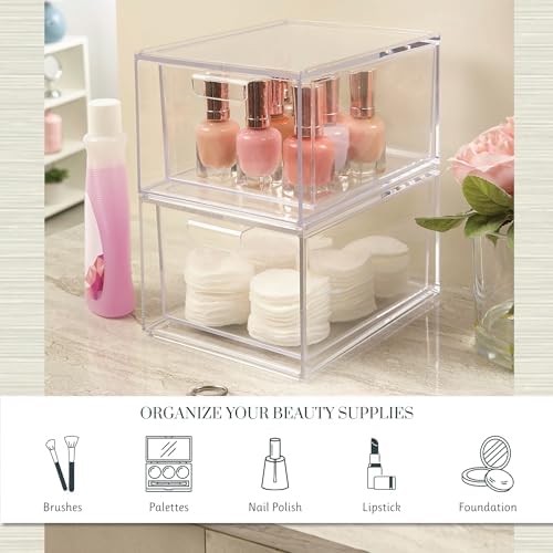 STORi Audrey Stackable Clear Bin Plastic Organizer Drawers | 2 Piece Set | Organize Cosmetics and Beauty Supplies on a Vanity | Made in USA - Image 4