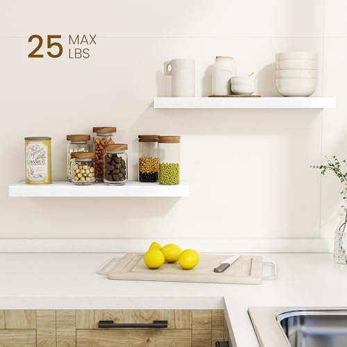 Dreamland 24Inch Floating Shelves for Wall, Rustic Wooden White Floating Shelves for Bathroom|Bedroom|Kitchen, Deep Wall Mounted Book Shelf, Wood Storage Display Shelf for Home Decor, Set of 2 - Image 2
