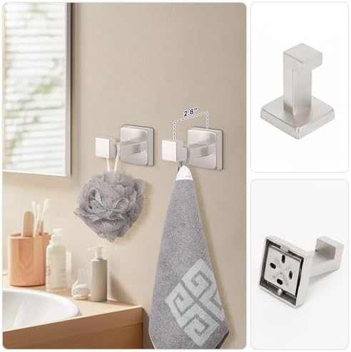 NearMoon 5 Pieces Bathroom Hardware Set 304 Stainless Steel, Square Towel Rack Kit - 24" Towel Rod + Towel Ring + Toilet Paper Holder + 2 Robe Hooks, Wall Mounted Bath Accessories (Brushed Nickel) - Image 6