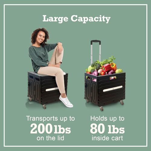Inspired Living Collapsible Folding Utility Cart, Heavy-Duty Rolling Crate with 360° Wheels, Telescoping Handle, Hidden Lid, Holds 200 Lbs, Black - Image 4