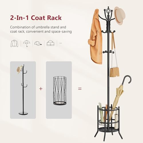 Tajsoon Coat Rack with Umbrella Holder, Coat Stand With 16 Hooks, Black - Image 4