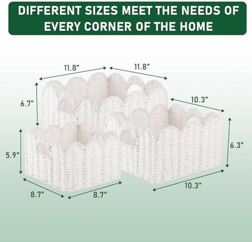 OIAHOMY Scalloped Wicker Baskets, Hand-woven Storage Baskets with Built-in Handles, Paper Rope Shelf Baskets for Organizing and Decoration, Set of 3-White - Image 3