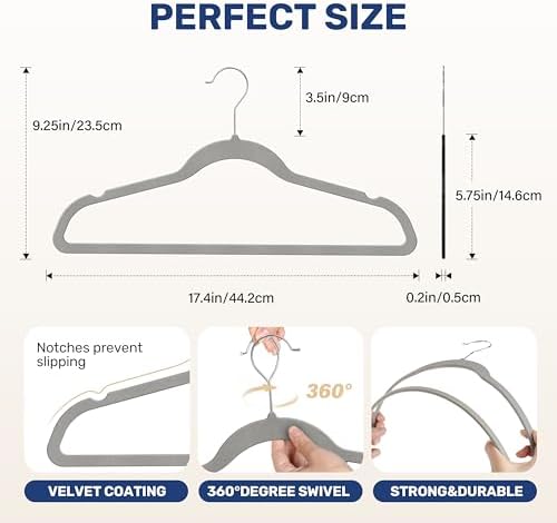 YSSOA 70 Packs Velvet Hangers, Non Slip Space Saving Suit Hangers, Heavy Duty Clothes Hangers with 360° Rotatable Hook for Coats, Pants, Grey - Image 2