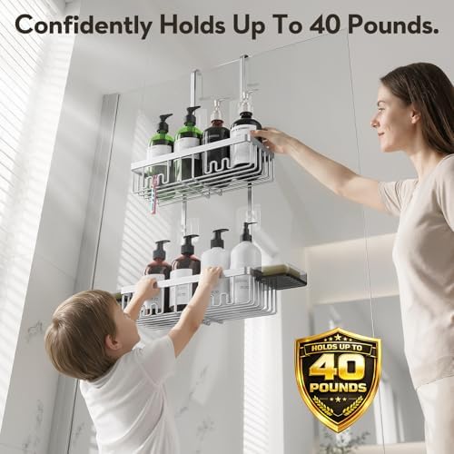 Over the Door Shower Caddy Hanging With Double Soap Holder Never Rust Aluminum Shower Shelf With 4 Hooks Hanging Bathroom Organizer No Drilling Shelves for Bathroom Storage Silver - Image 5