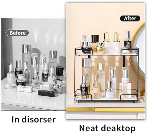 2 Tier Bathroom Cabinet Countertop Organizer Perfume Lipstick Makeup Organizer Cosmetics Storage Display Rack Vanity Tray Metal Dresser Storage Shelf White Marble Ceramic Tray Black - Image 5