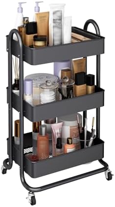 MIOCASA 3-Tier Metal Utility Rolling Cart, Heavy Duty Multifunction Cart with Lockable Casters, Easy to Assemble, Suitable for Office, Bathroom, Kitchen, Garden (Dark Gray, 3-Tier-Metal) by MIOCASA