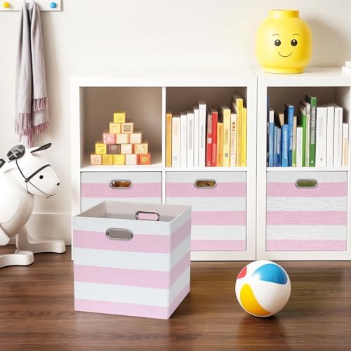11 x 11 x 11 Inch Linen Stripe Storage Cubes for Home Organizing, Pack of 4 - Image 7