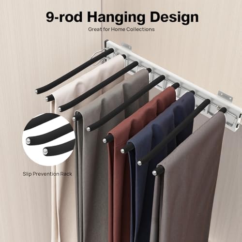 9 Arms Steel Slide Out Pants Rack Closet Pants Hanger Bar Pull Out Trousers Rack Tie Belts Scarf Racks, Wardrobe Clothes Organizers Rail Pull Out Closet Storage Rod-(Left Side Mounts) - Image 6