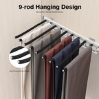 9 Arms Steel Slide Out Pants Rack Closet Pants Hanger Bar Pull Out Trousers Rack Tie Belts Scarf Racks, Wardrobe Clothes Organizers Rail Pull Out Closet Storage Rod-(Left Side Mounts) - Image 6