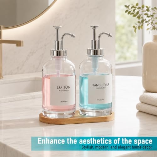 Kitchen Soap Dispenser Set of 2, 16.9 oz Glass, Silver Stainless Steel Pump - Image 2