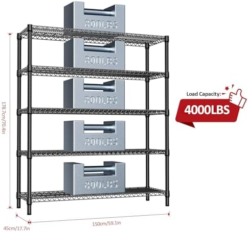 IZEUK 5-Tier Adjustable Heavy Duty Metal Storage Shelving Unit, Wide Utility Rack Organizer for Garage, Basement, Kitchen, Office, Warehouse (Black, 17.7" D x 59.1" W x 70.9" H) - Image 3
