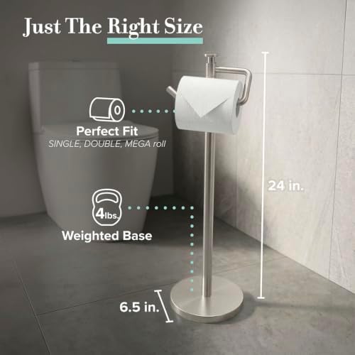 Gatco 1435SN Freestanding Toilet Paper Holder, 23.68” H, Satin Nickel Toilet Tissue Roll Holder Stand With Weighted and Padded Base For Bathroom - Image 2